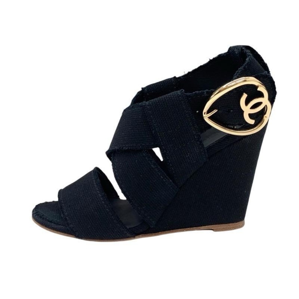 CHANEL Authentic Sandals Canvas Black Gold Color Coco Wedges Size 40 EU or 10 US